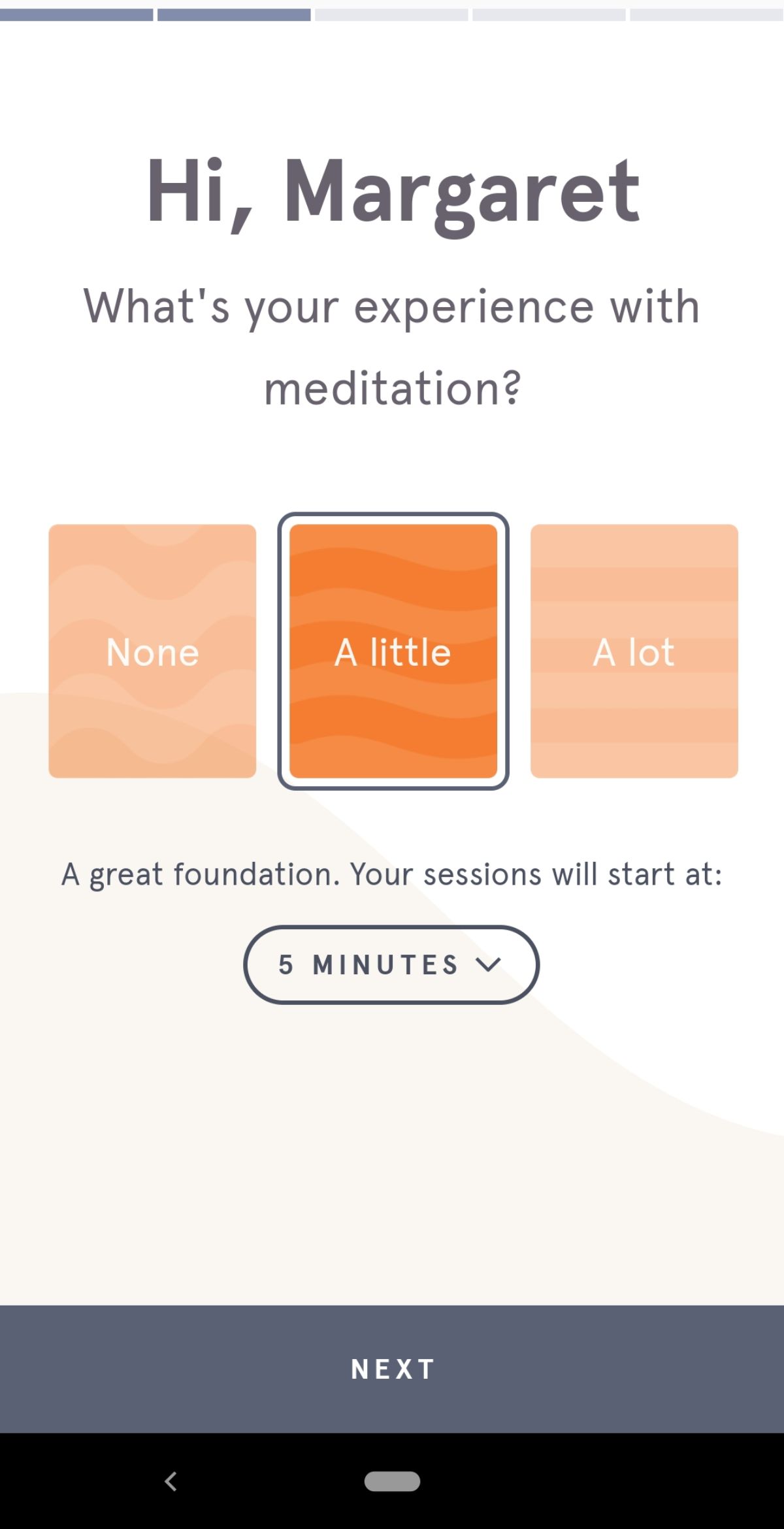 Headspace's first question in their mobile app's onboarding flow
