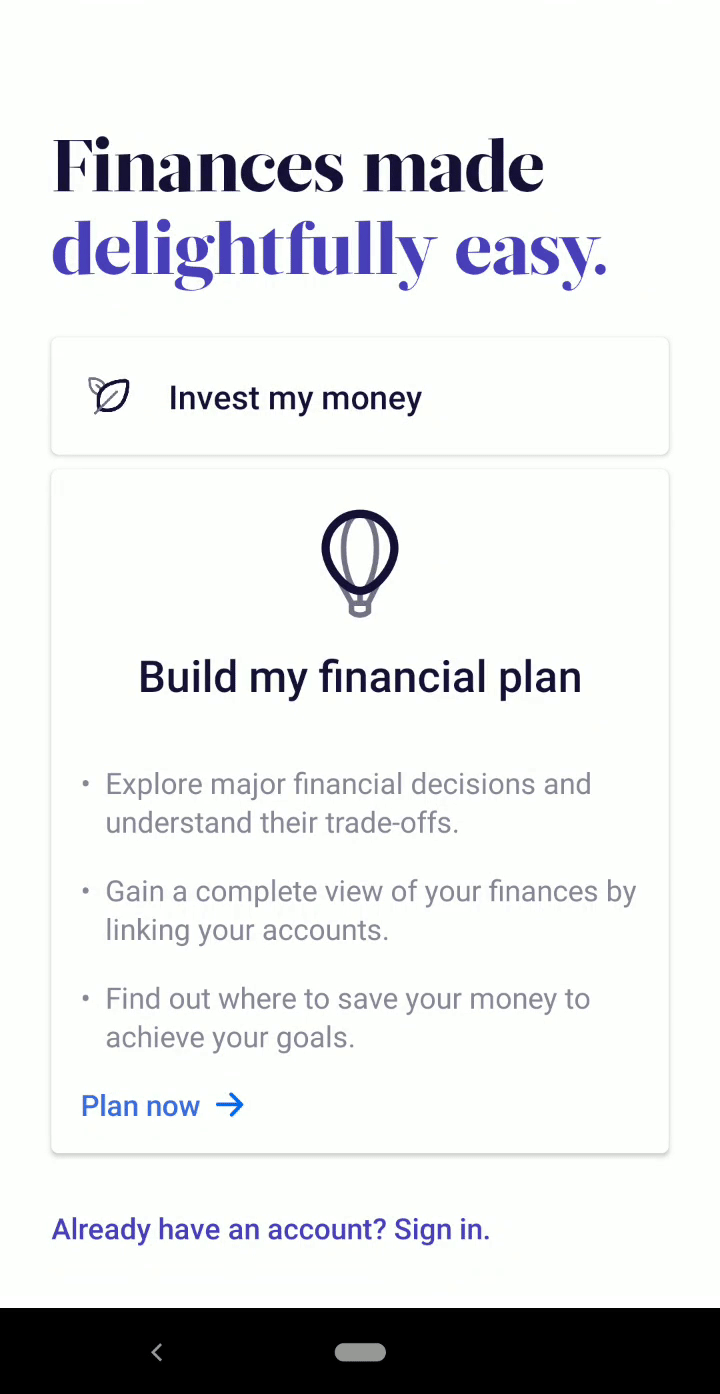 this is a gif image of wealthfront's mobile app showing the financial app's user onboarding flow. this is an example of good UX copy and animation