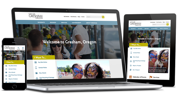 Mockup of City of Gresham (Oregon) site on multiple devices