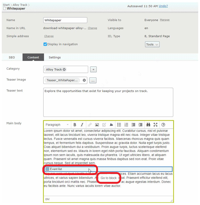 Episerver CMS UI of example for new "Go to Block" button feature in TinyMCE editor