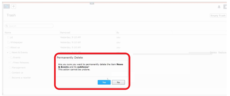 Episerver CMS UI with example of new Trash bin Improvement