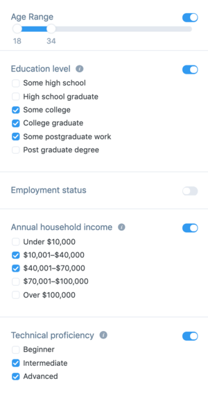 Screen grab of UsabilityHub.com demographics filter.