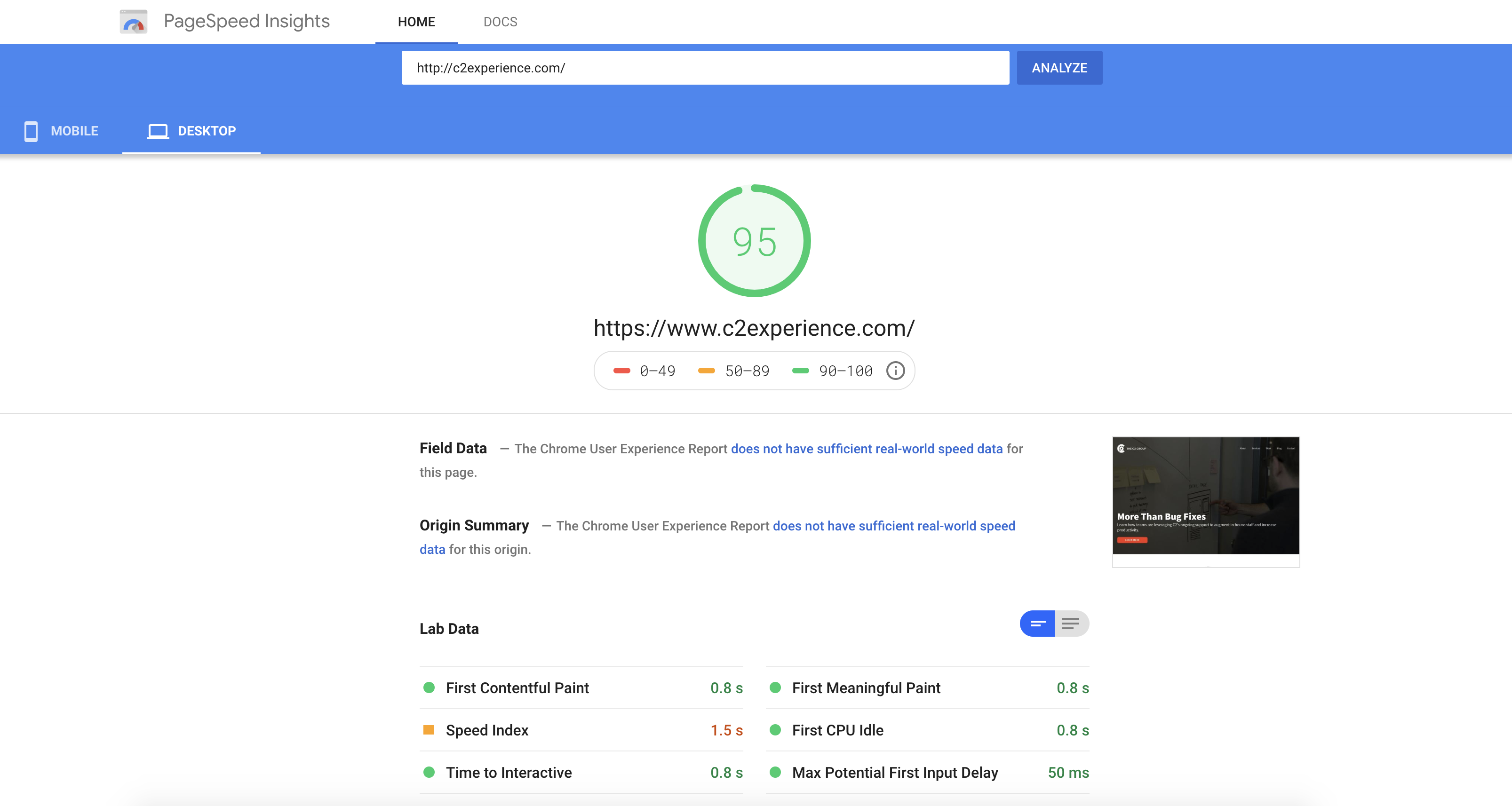 Screen grab of site assessment using Google's PageSpeed Insights tool.
