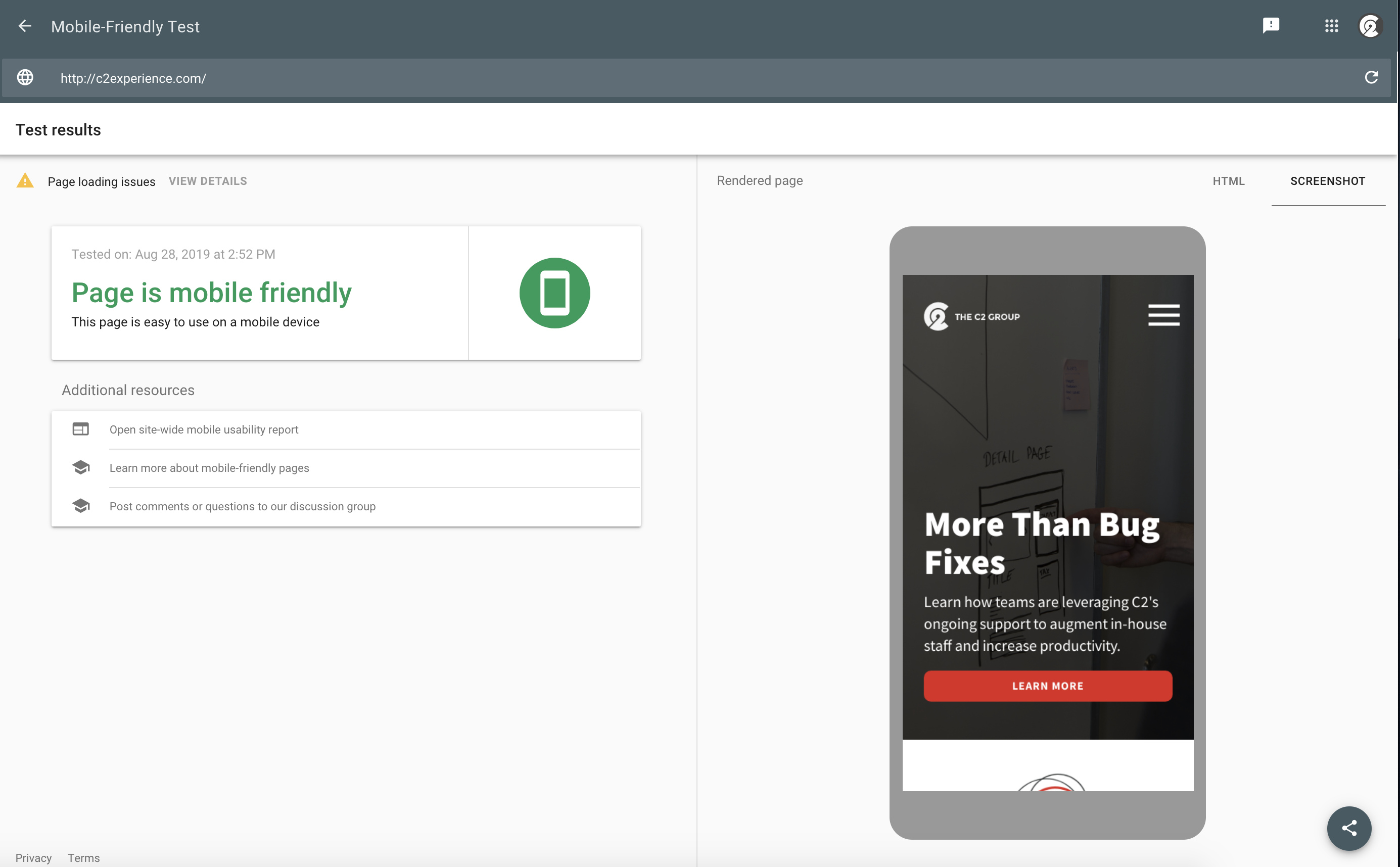 Screen grab of site assessment with Google's Mobile-Friendly Testing Tool.
