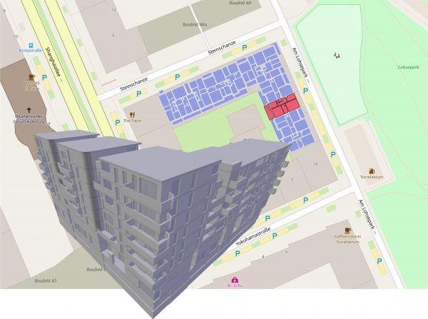 Figure 3: Automatically generated and georeferenced floor plans from open-source BIMserver on Open Street Map (OSM).