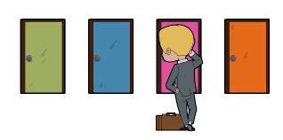 Cartoon business man choosing a door
