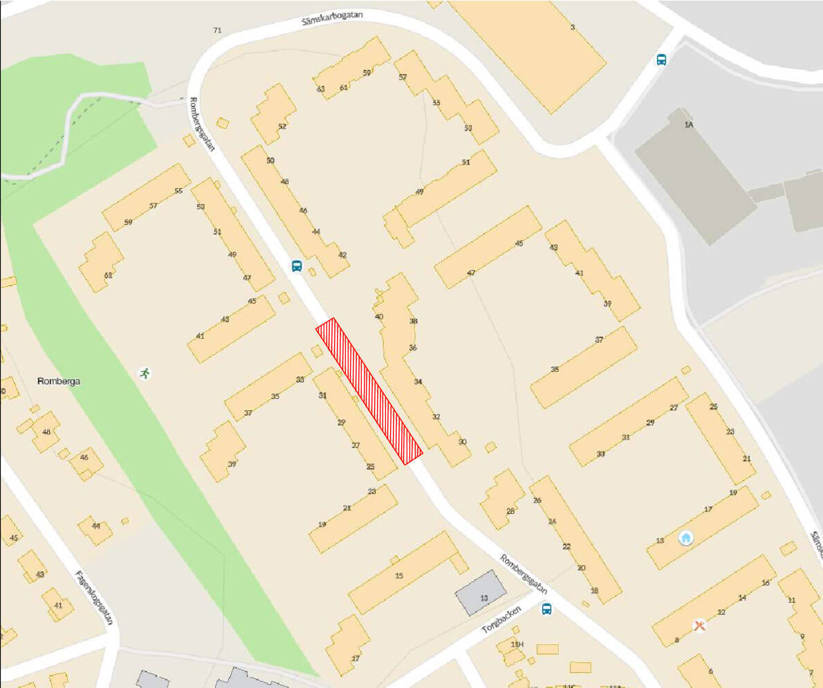 Karta som visar sträckan mellan Rombergsgatan 25 och 33 som kommer stängas av.