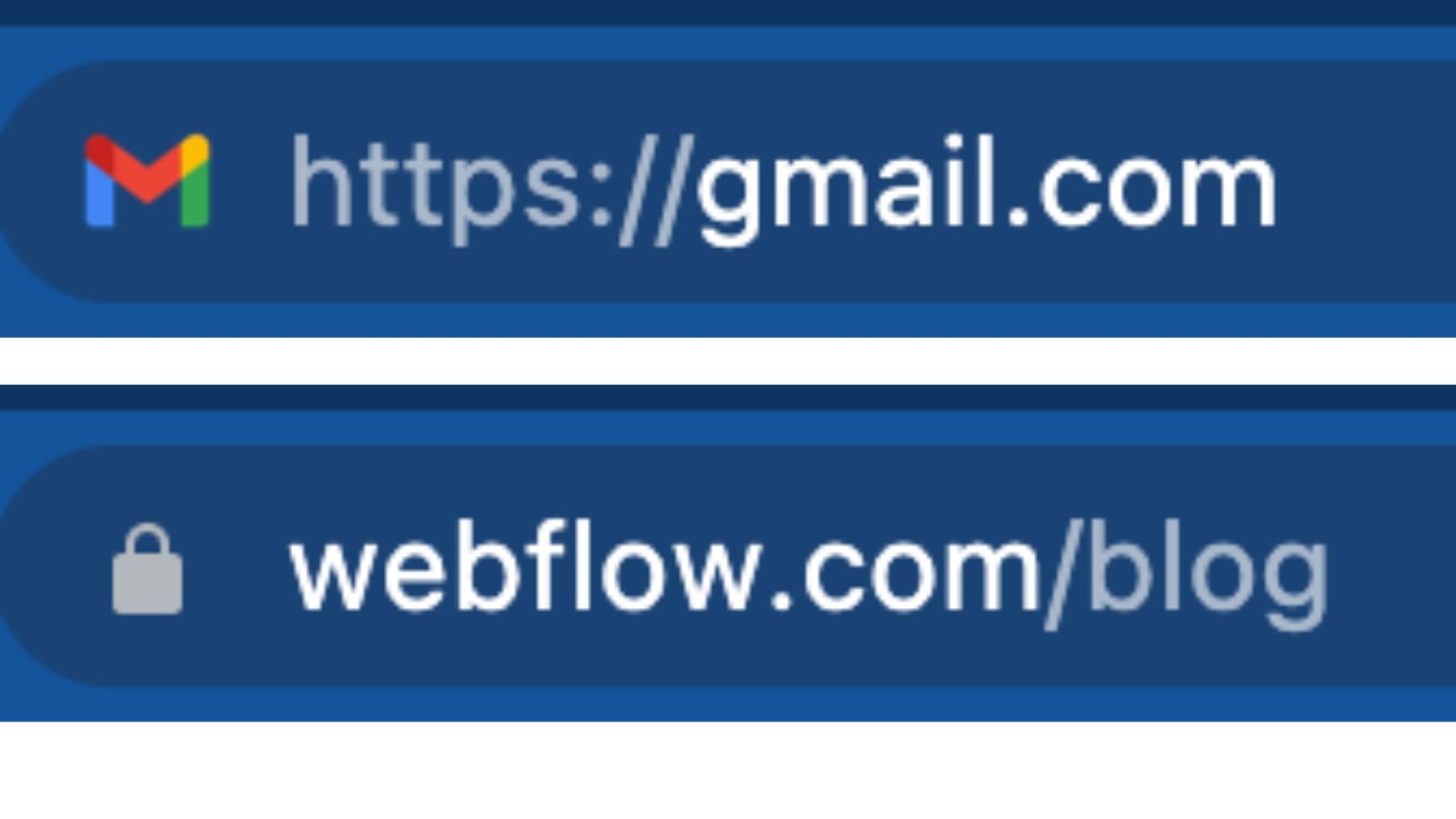 An image of how you can tell if a site has an SSL certificate in the URL. Here, we compare Gmail with Webflow