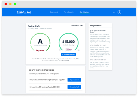a mockup of the BillMarket certification dashboard