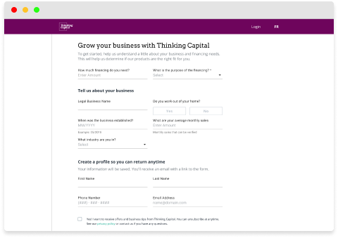 a mockup of the online loan application built for Thinking Capital