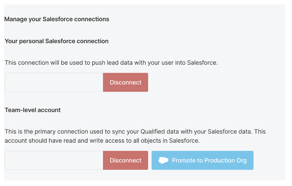 Promote button shown on Salesforce connection page