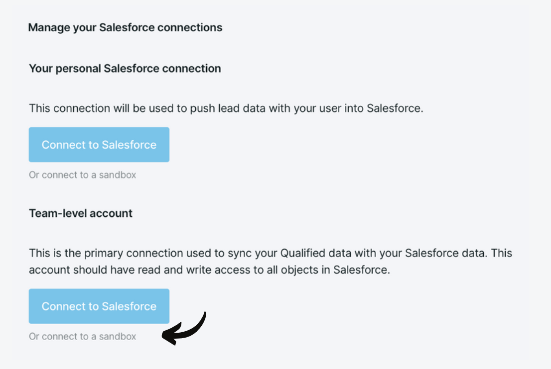 Team-level account sandbox connection.