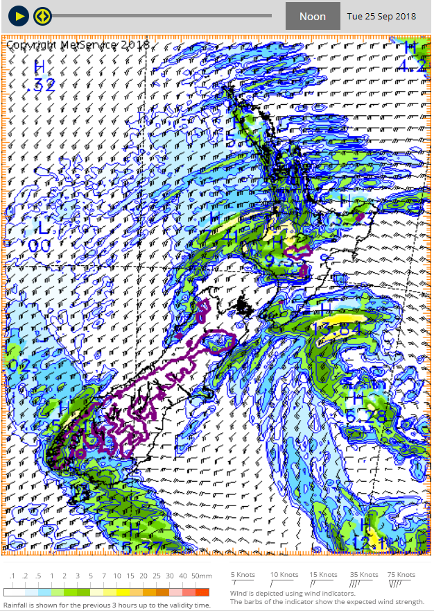   Screen shot from MetService website showing current rainfall. Wind here is shown in knots, and there is the option to view a 3-day forecast and a 5-day forecast.  