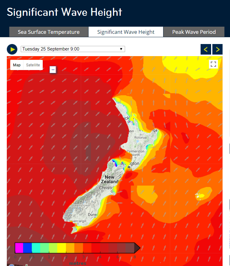   Screen shot from MetService website showing Significant Wave Height. Arrows show direction of wind.  