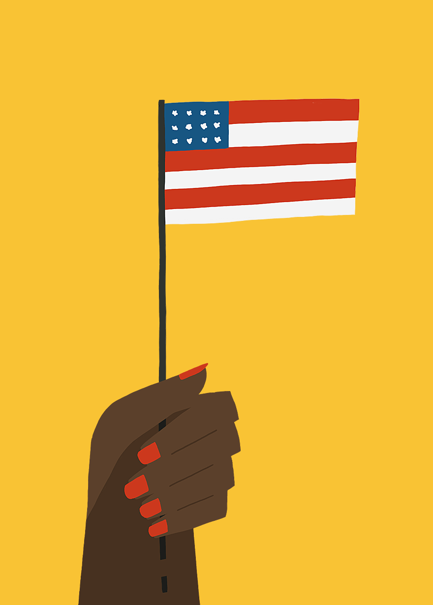 Illustration and animated gif of people's hands holding a flag encouraging you to vote
