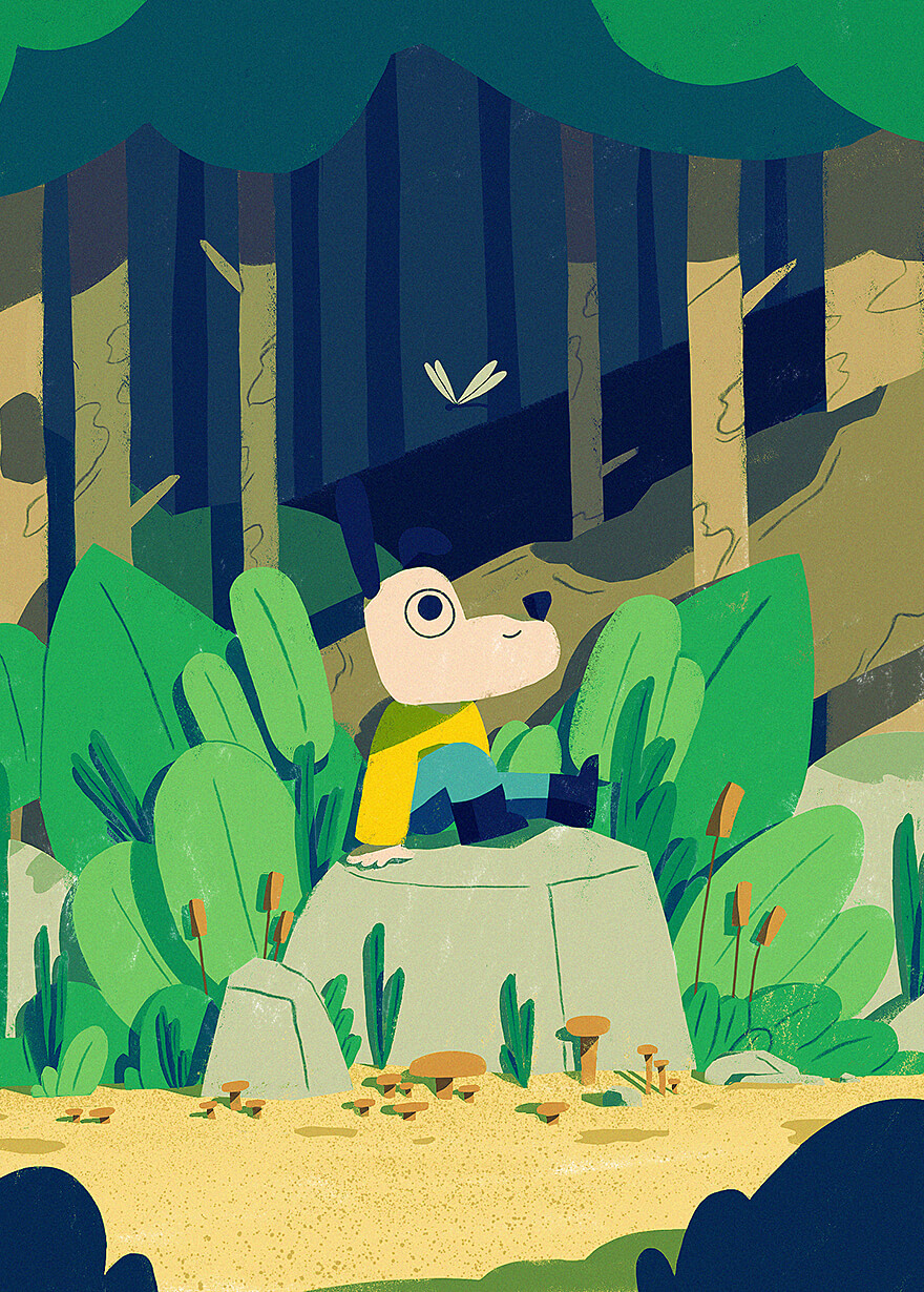 Illustration about a cute dog getting lost in the woods