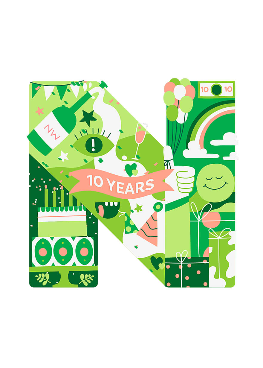Illustration and animated gif celebrating NerdWallet’s 10 year anniversary