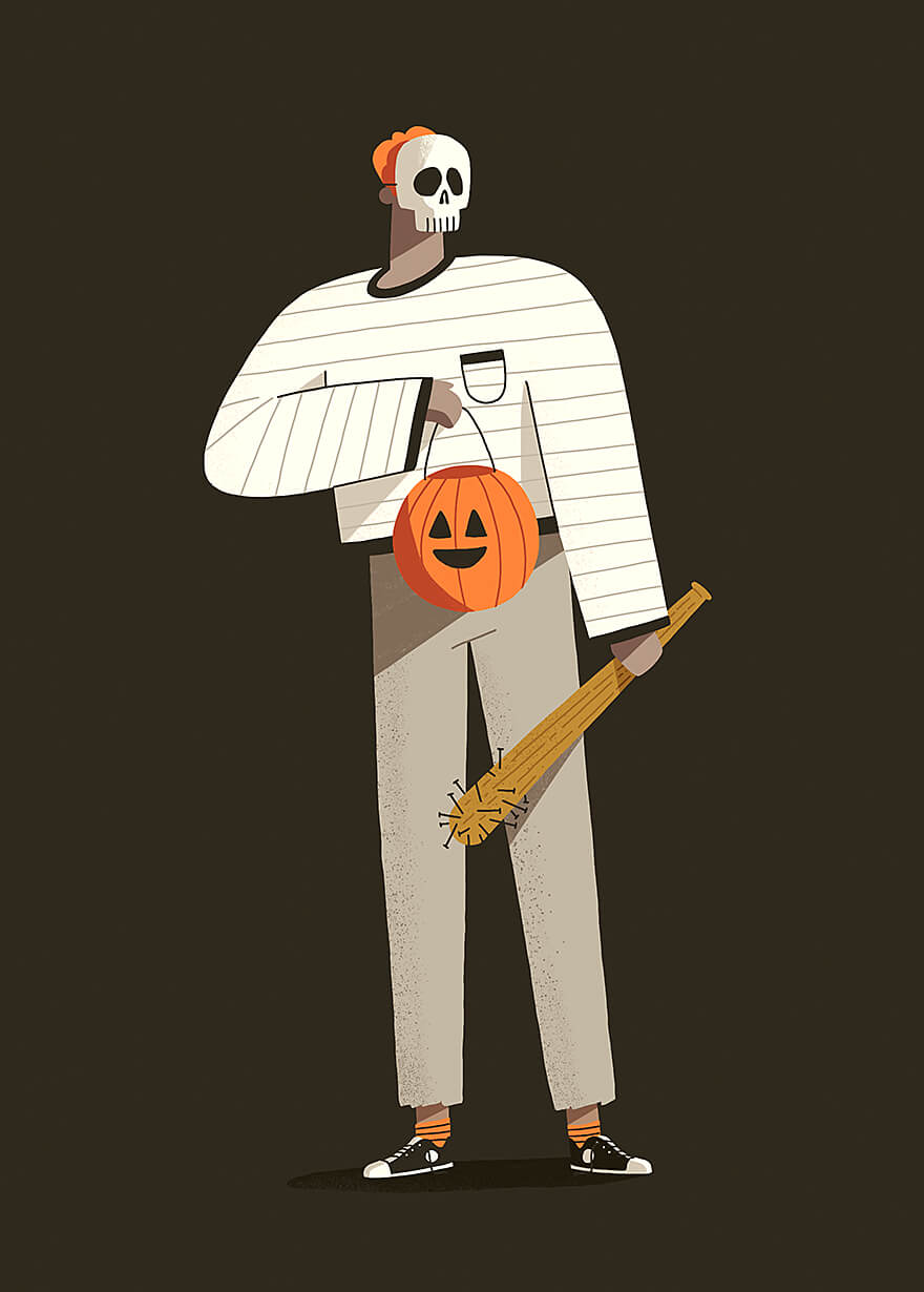 Illustration of a skull masked man holding a bat and trick or treating