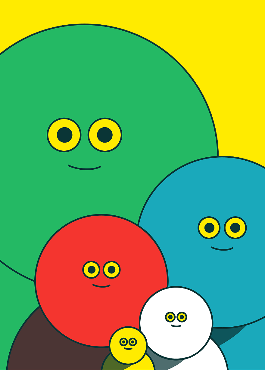 Colorful and cute family of circle shaped characters named Splendid Weirdos