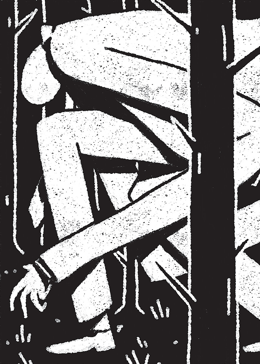 Illustration of the mythical creature Slenderman walking through the forest