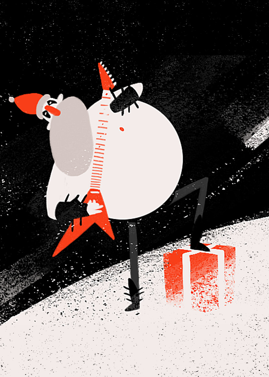 Animated gif of Santa as a headbanging metal head playing a flying V guitar