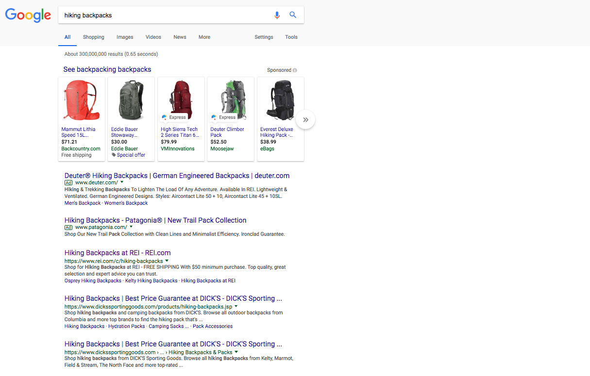 image of google page showing back packs