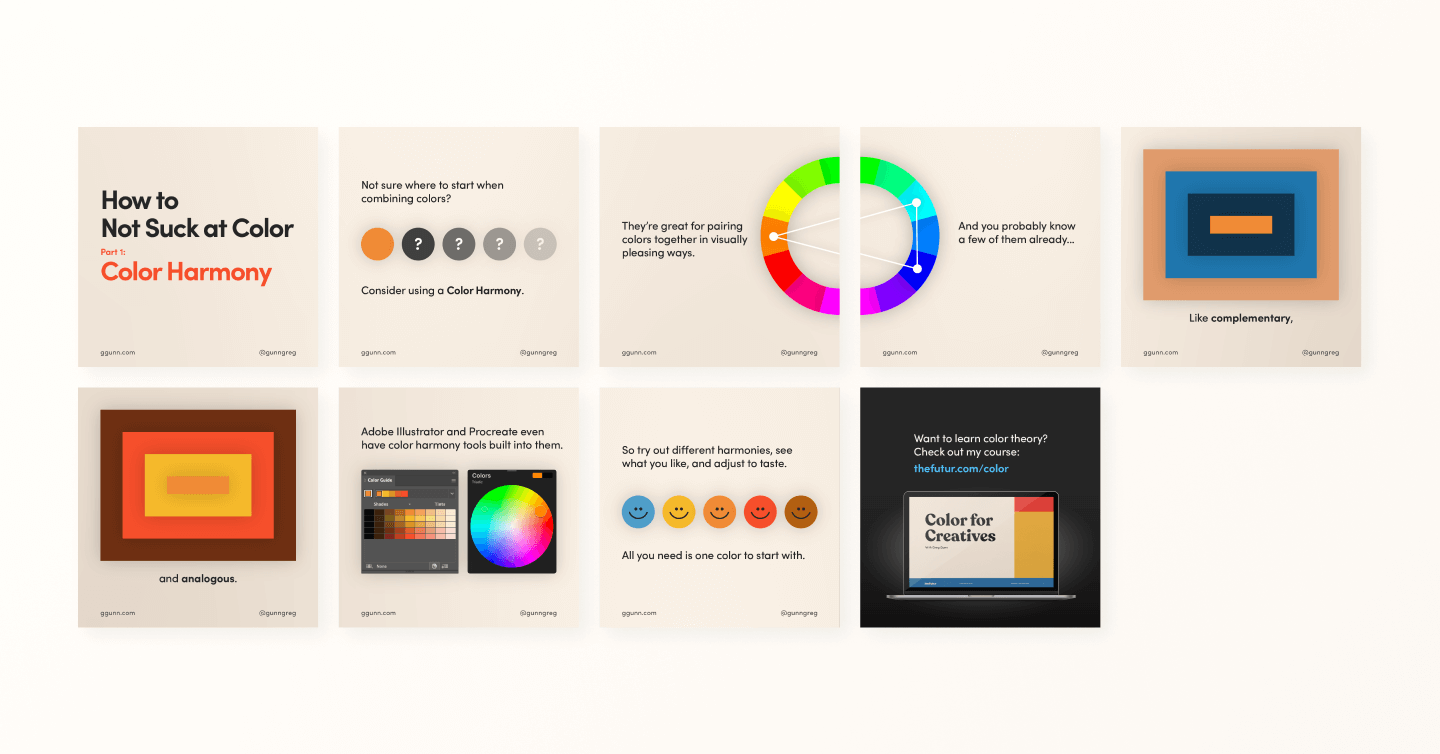 Grid of nine sequential slides explaining the value of understanding color harmony and showing examples of complementary and analogous.