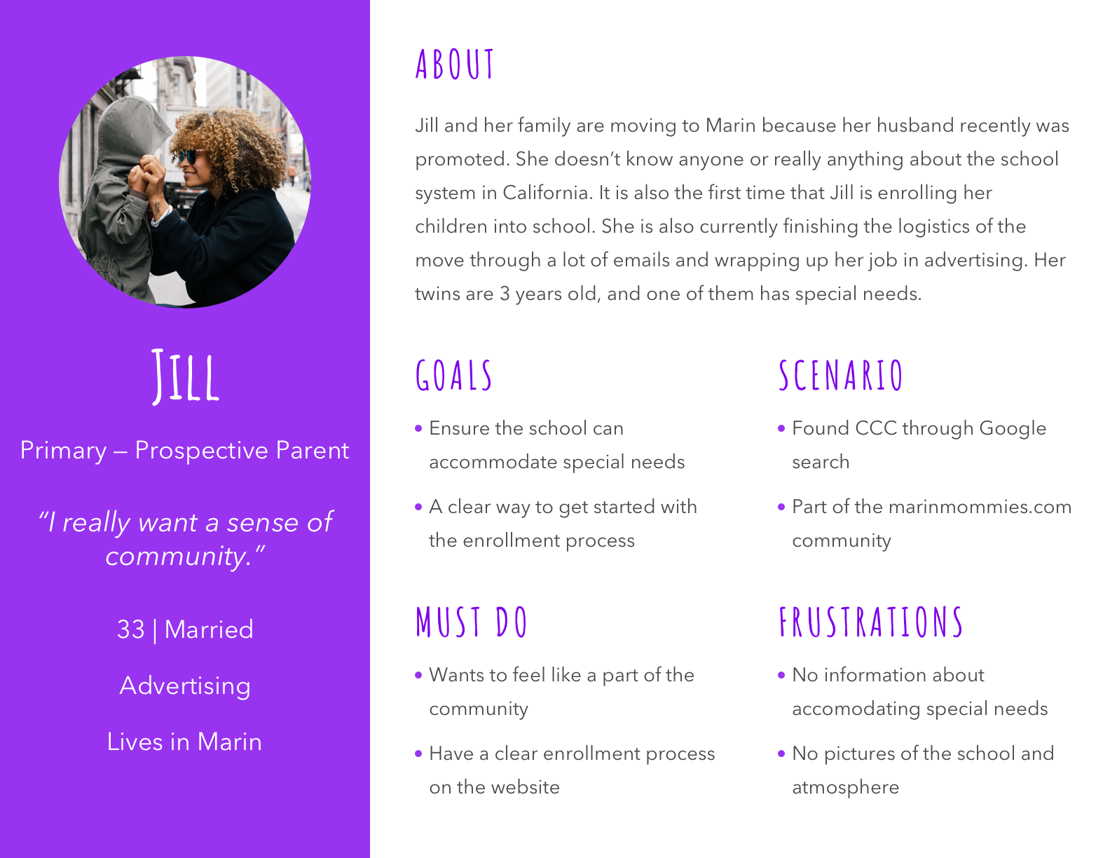 An infographic of the main persona which we are designing for.. Jill and her family are moving to Marin because her husband recently was promoted. She doesn’t know anyone or really anything about the school system in California. It is also the first time that Jill is enrolling her children into school. She is also currently finishing the logistics of the move through a lot of emails and wrapping up her job in advertising. Her twins are 3 years old, and one of them has special needs.