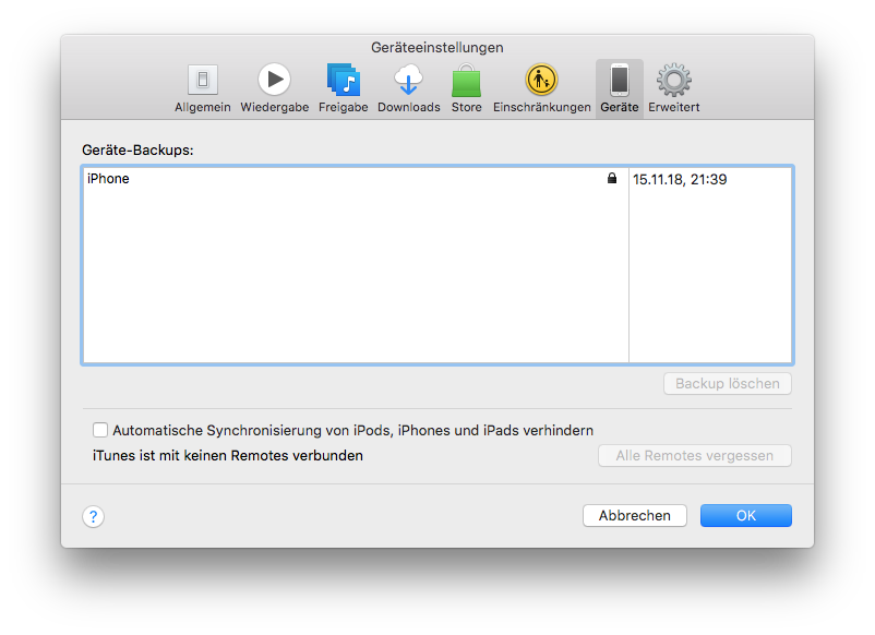 Übersicht der vorhandenen Backups