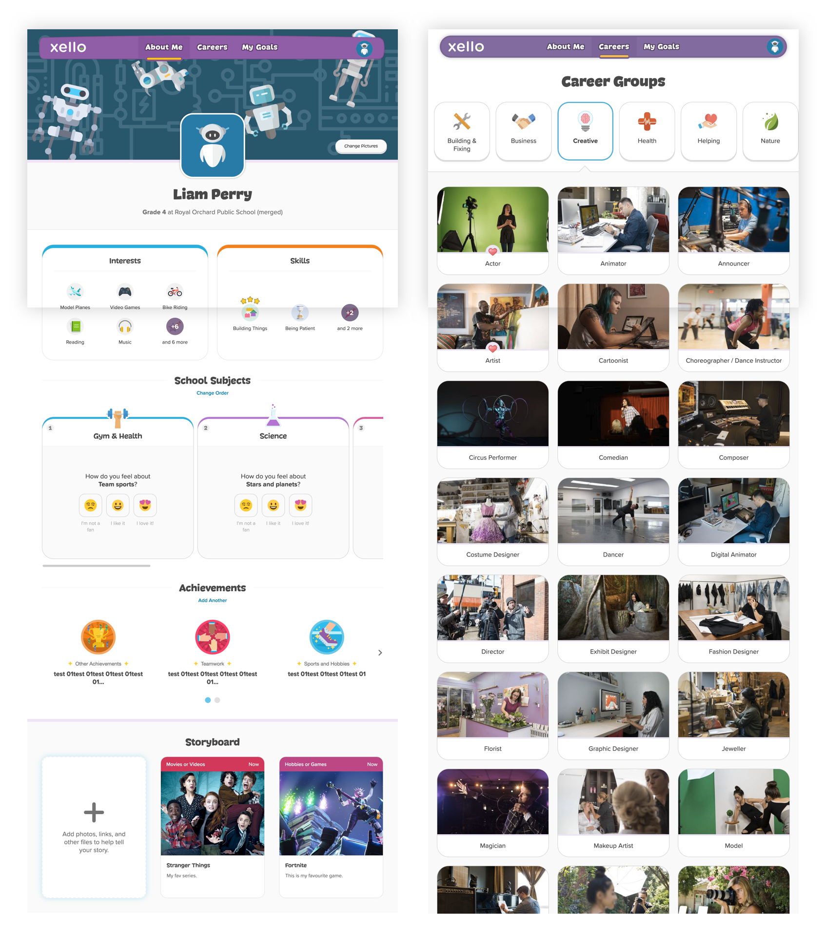Profile page and Career Explore page