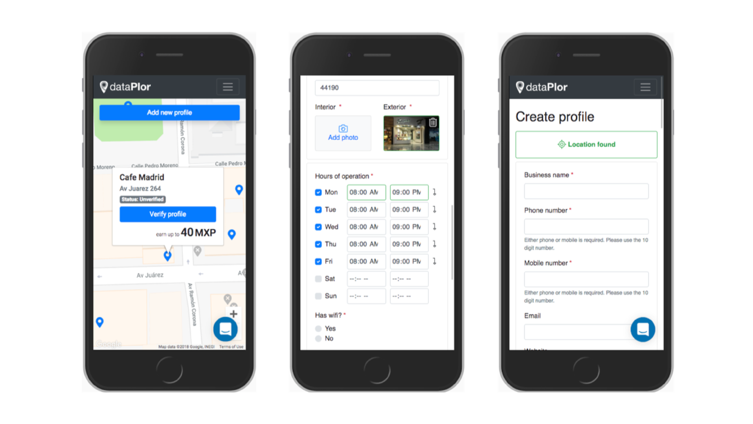 dataPlorâs web-app can be populated with mapping data. Custom fields allow clients to decide what information they require from each small business location.