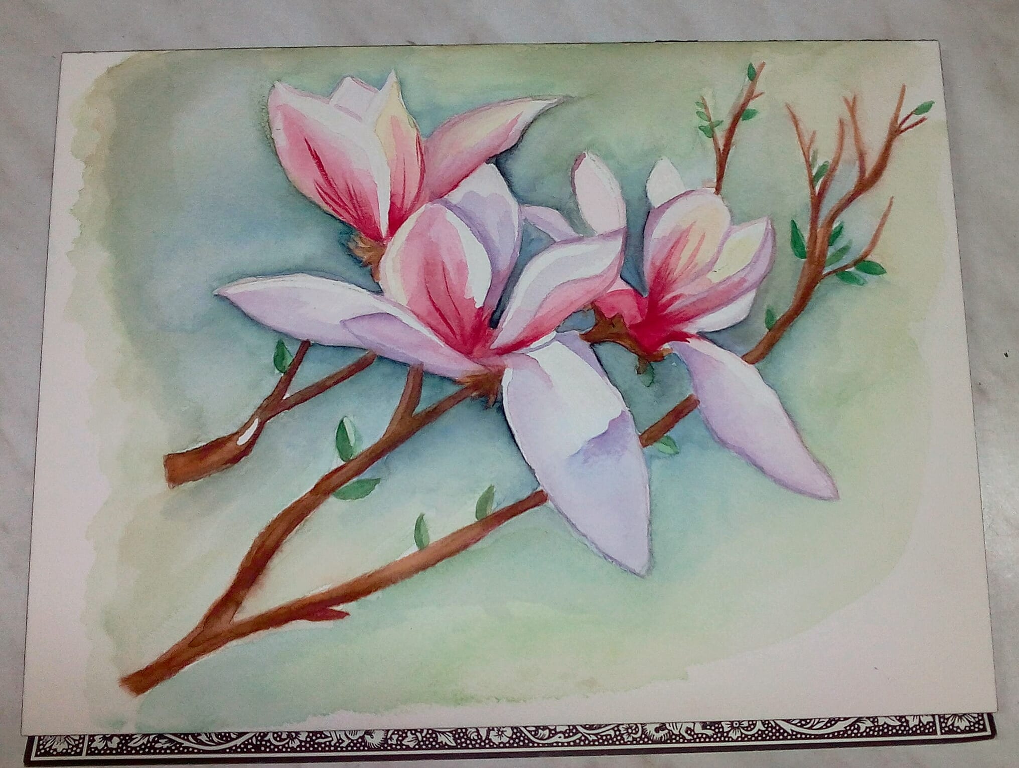 Una flor pintada por Arantxa. El fondo es verde, hay unas ramas con una hojas, y en le centro unas orquídeas rosas con grandes pétalos. Está pintado con acuarela.