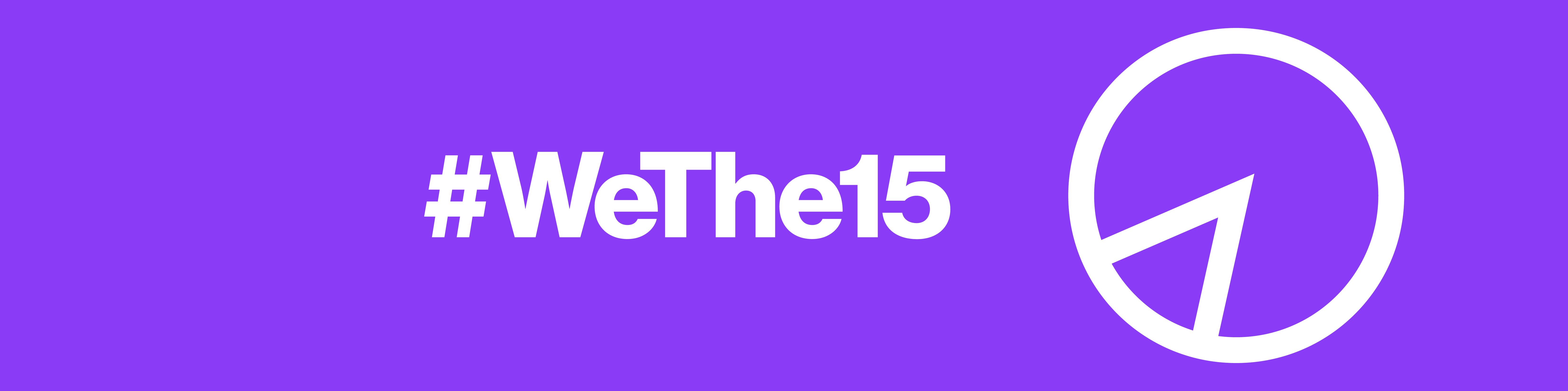Logo de la campaña #Wethe15. Es color morado y aparece el hashtag acompañado de un símbolo gráfico para indicar el porcentaje.