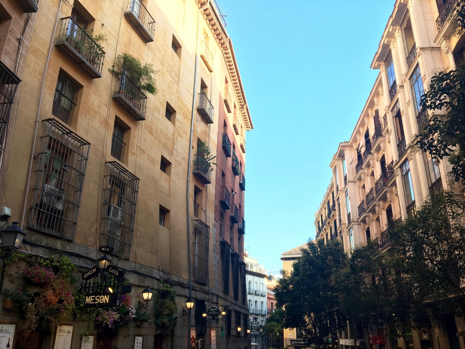 Neighborhood view with colonial buildings in Madrid, Spain