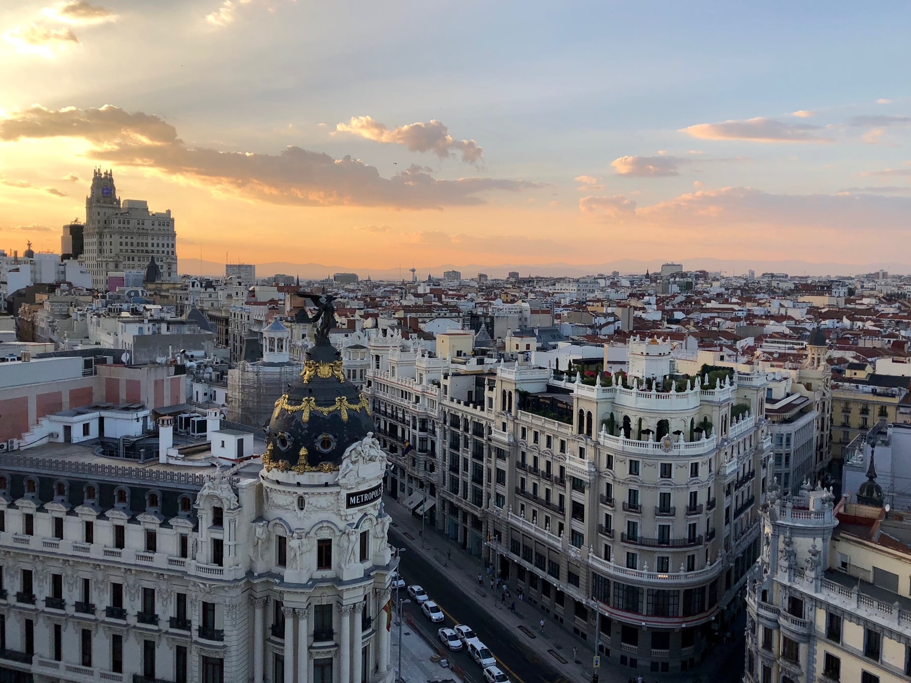 Bird's eye view of Madrid at sunset