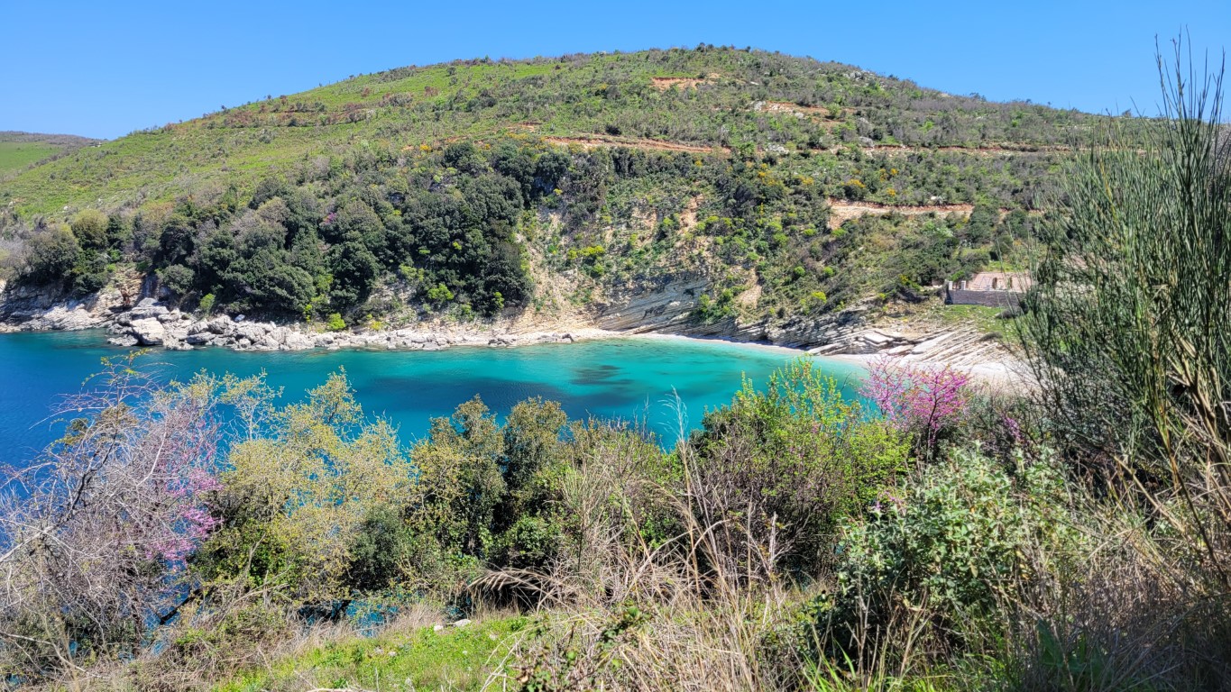 a hidden beach nestled among green hills and crystal clear waterb