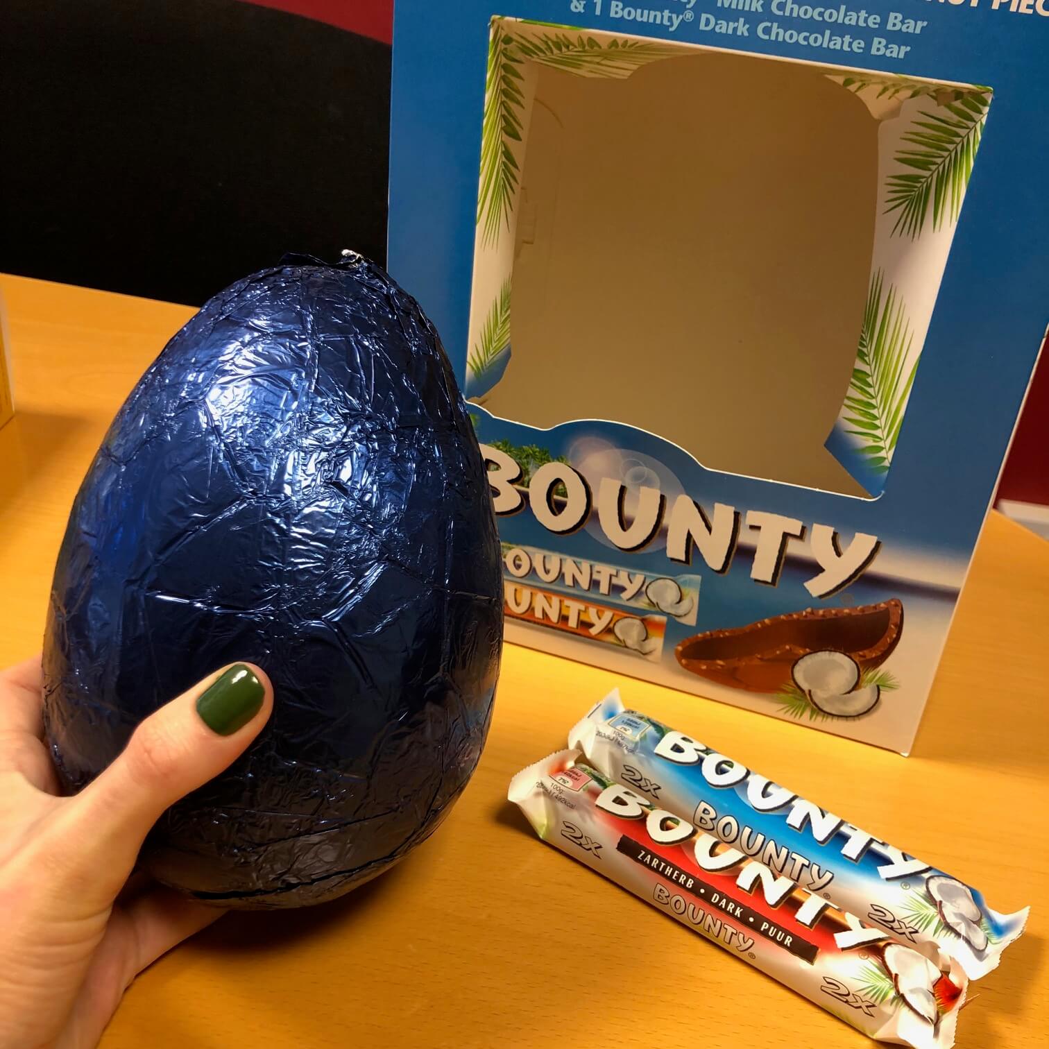 Bounty's chocolate easter egg and chocolate bars.