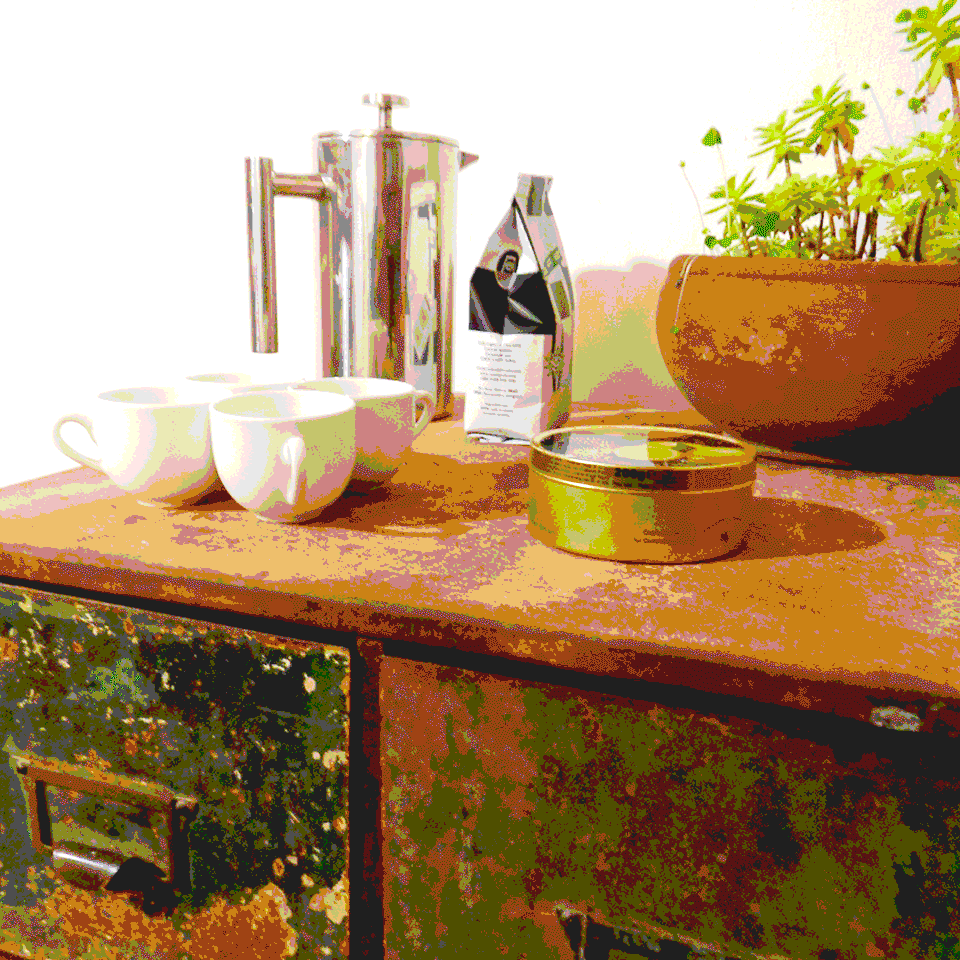 Small Potion - Coffee table, cups, french coffee maker and succulents
