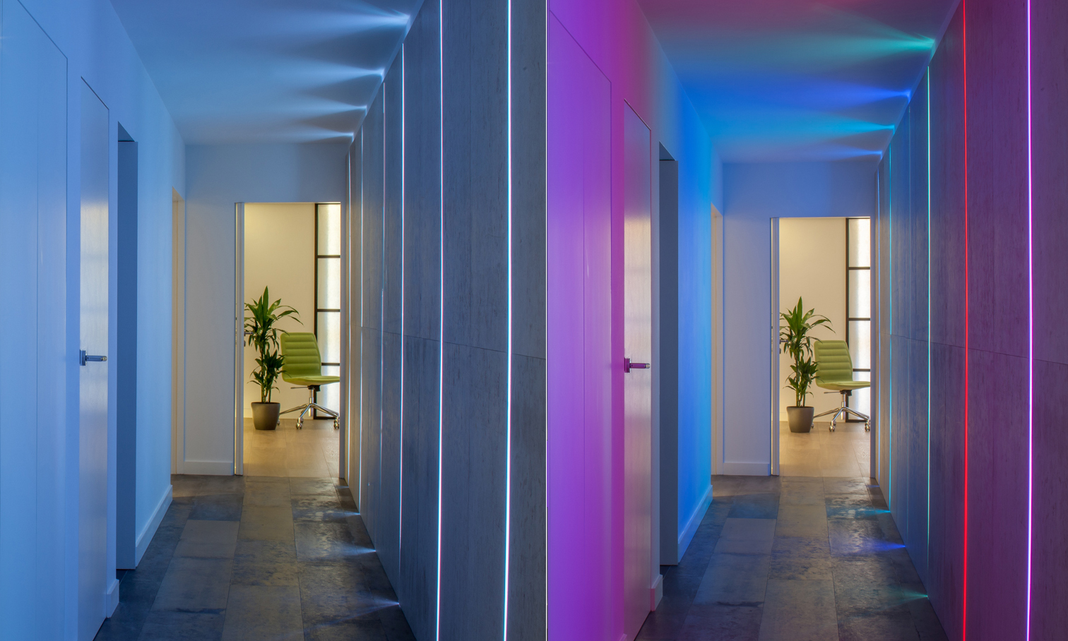 Hallway lit with colour change LEDs, Camden NW1