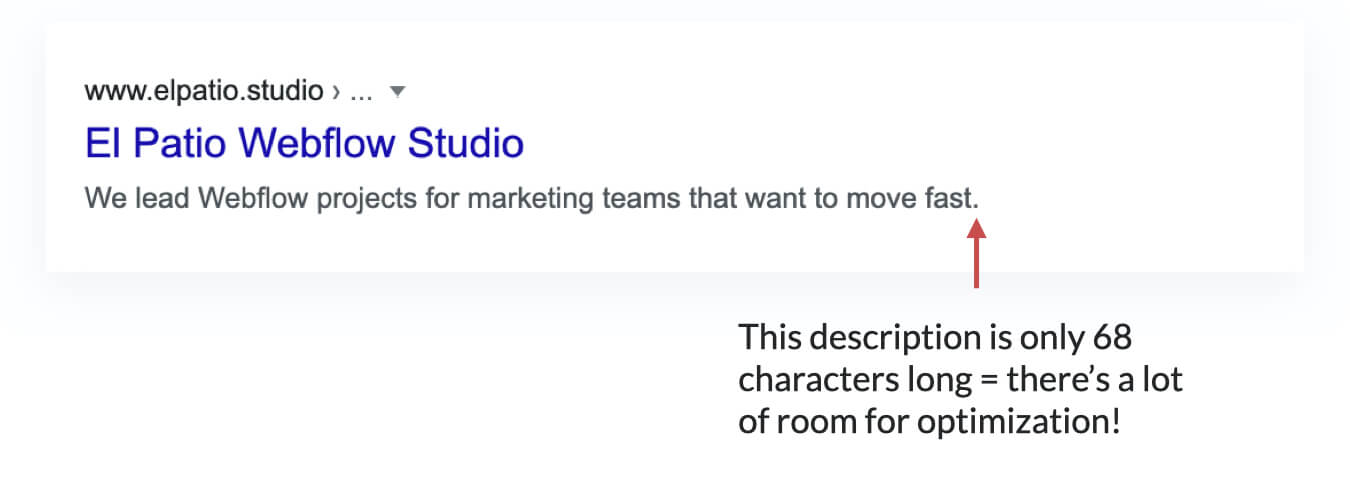 Screenshot with example of short meta description