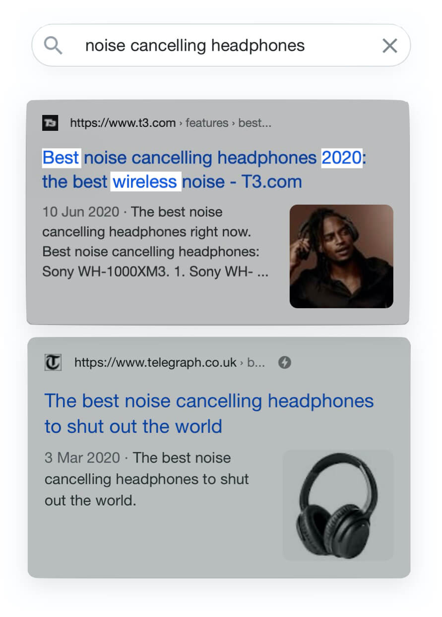Example of Google search for the term noise cancelling headphones with product attributes