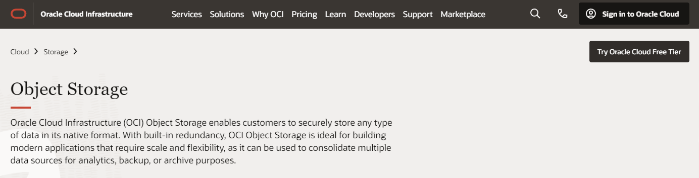 Oracle cloud storage home page