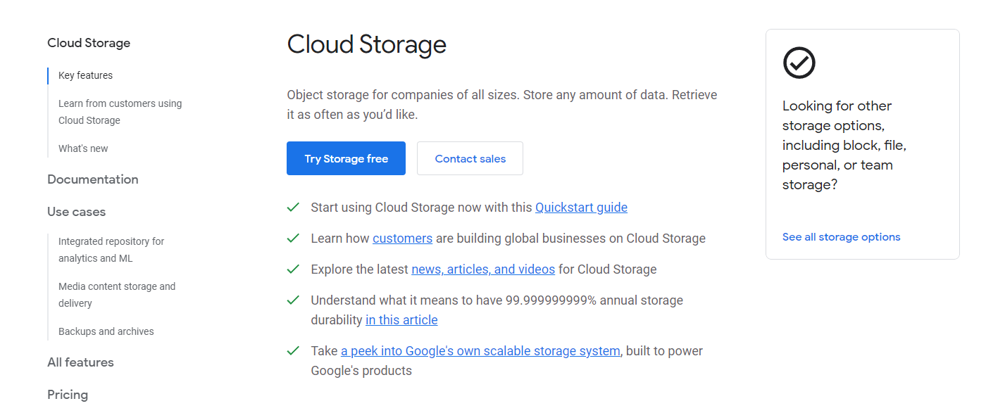 Google Cloud Storage web page