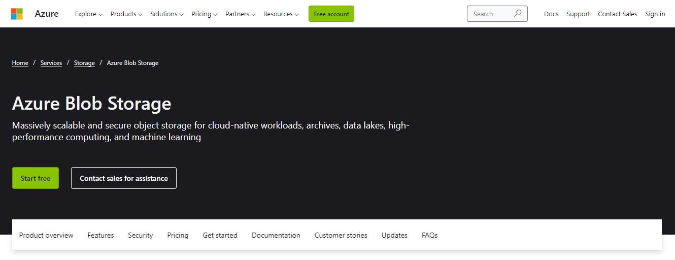 Azure blob storage home page