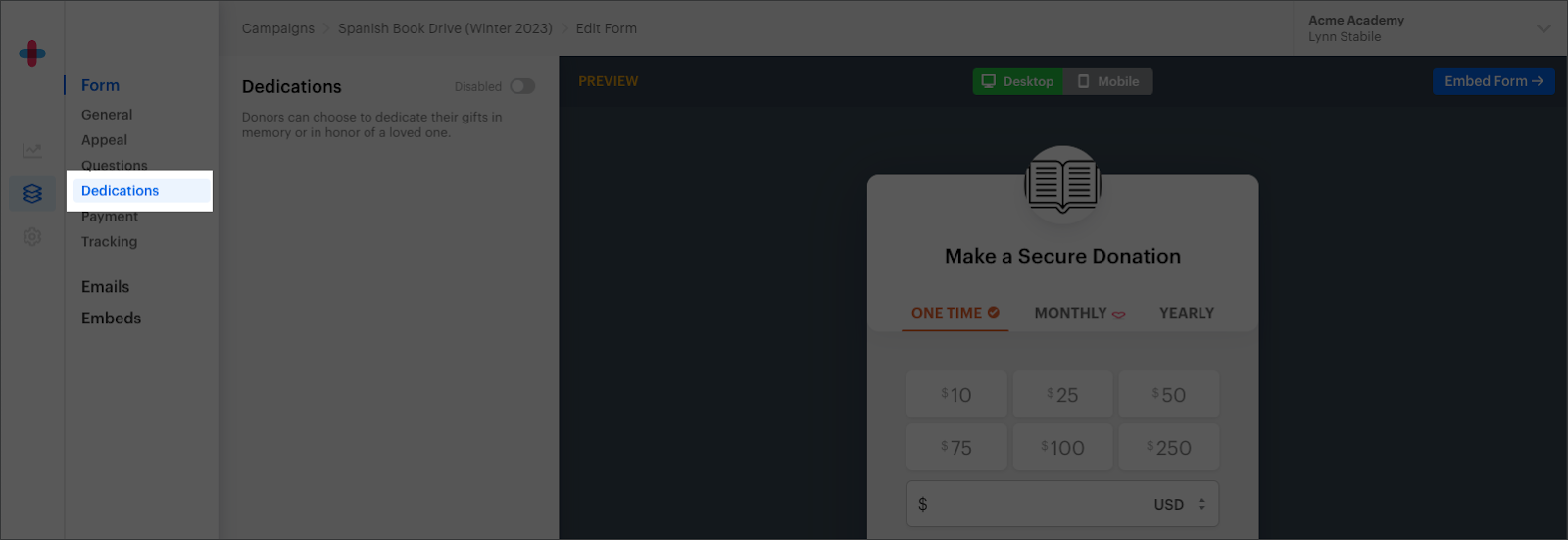 Donation Form Dedications - GiveForms