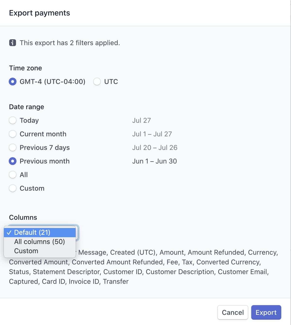 Stripe Dashboard Export Screen