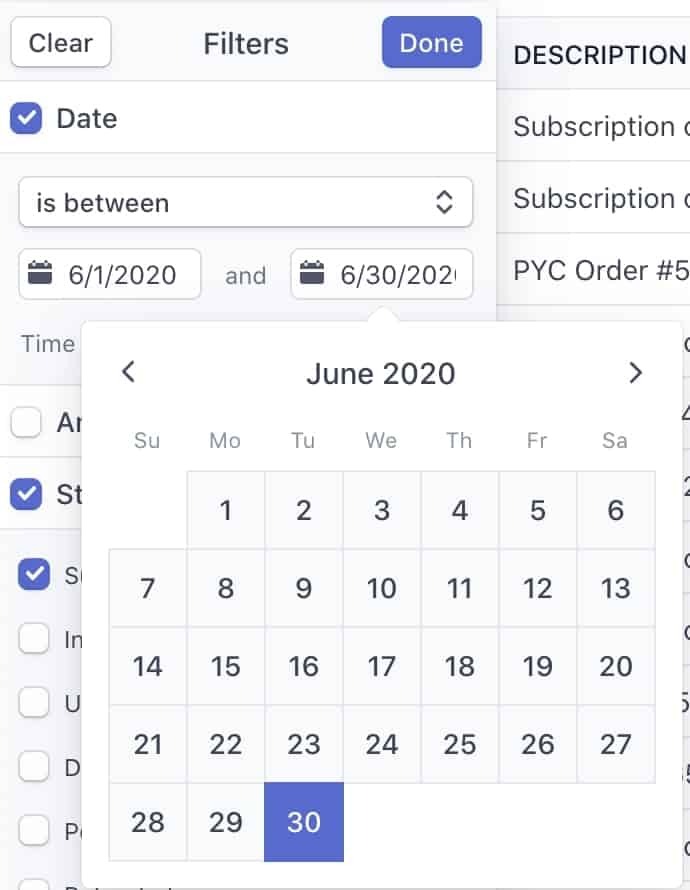 Stripe Calendar Filter