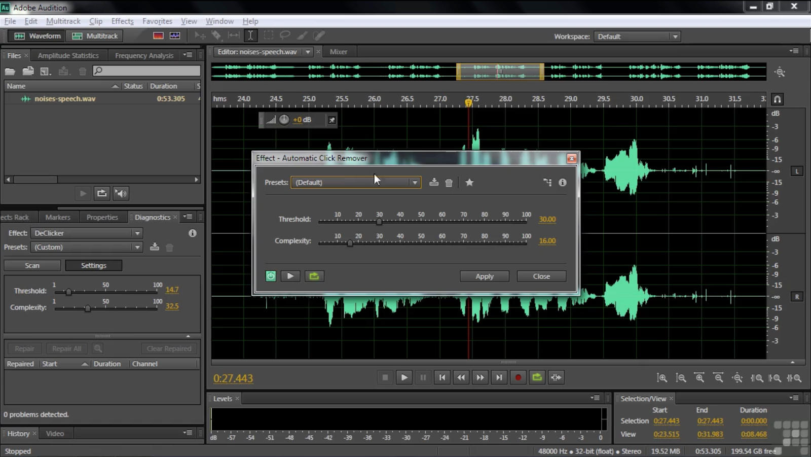 Adobe Audition with Automatic Click Remover DeClicker plugin open