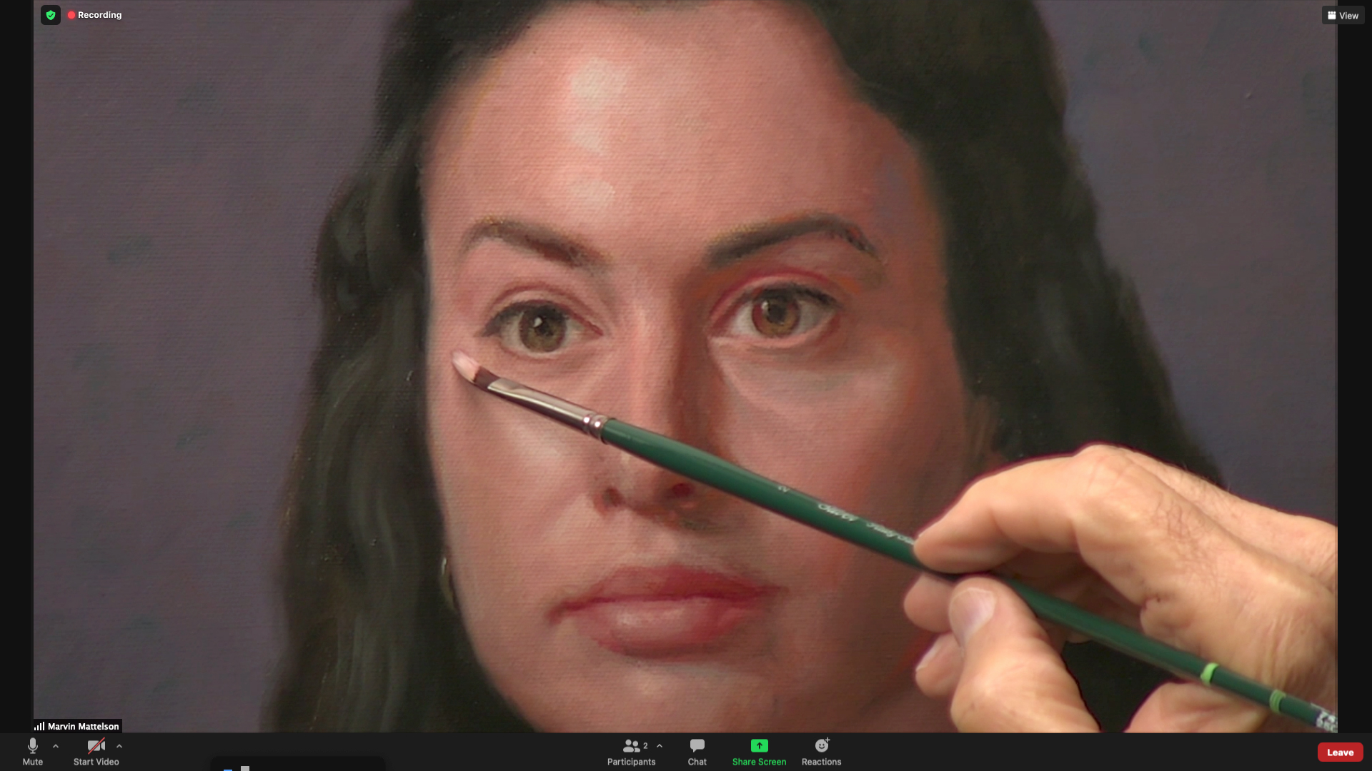 Zoom screen shot of Marvin Mattelson painting a demo.