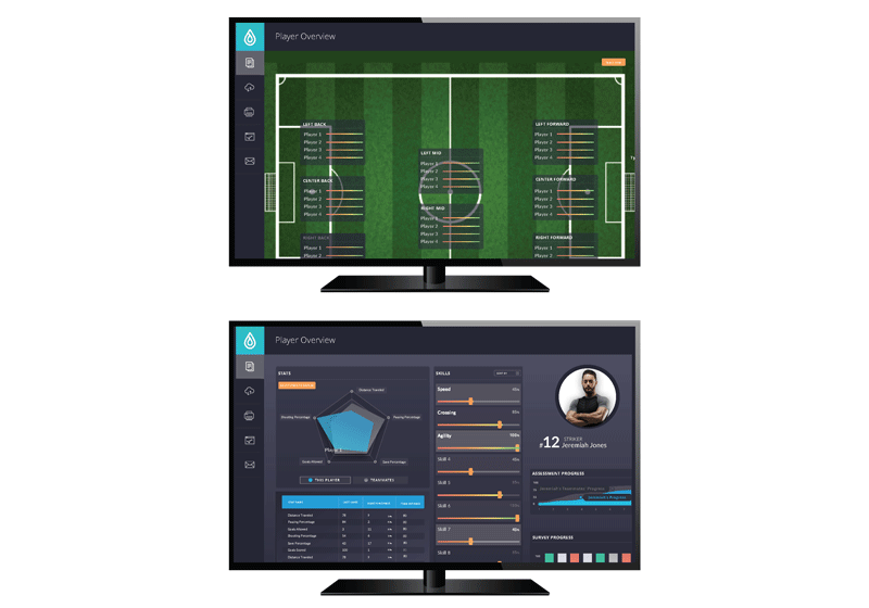 Image of two desktop monitors with the Ripple app showing the player field layout and the player overview dashboard.